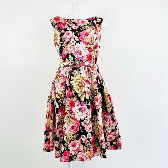 Lindy Bop Audrey Womens Floral Dress UK16 Belted Fit & Flare Retro Style - Picture 7 of 8